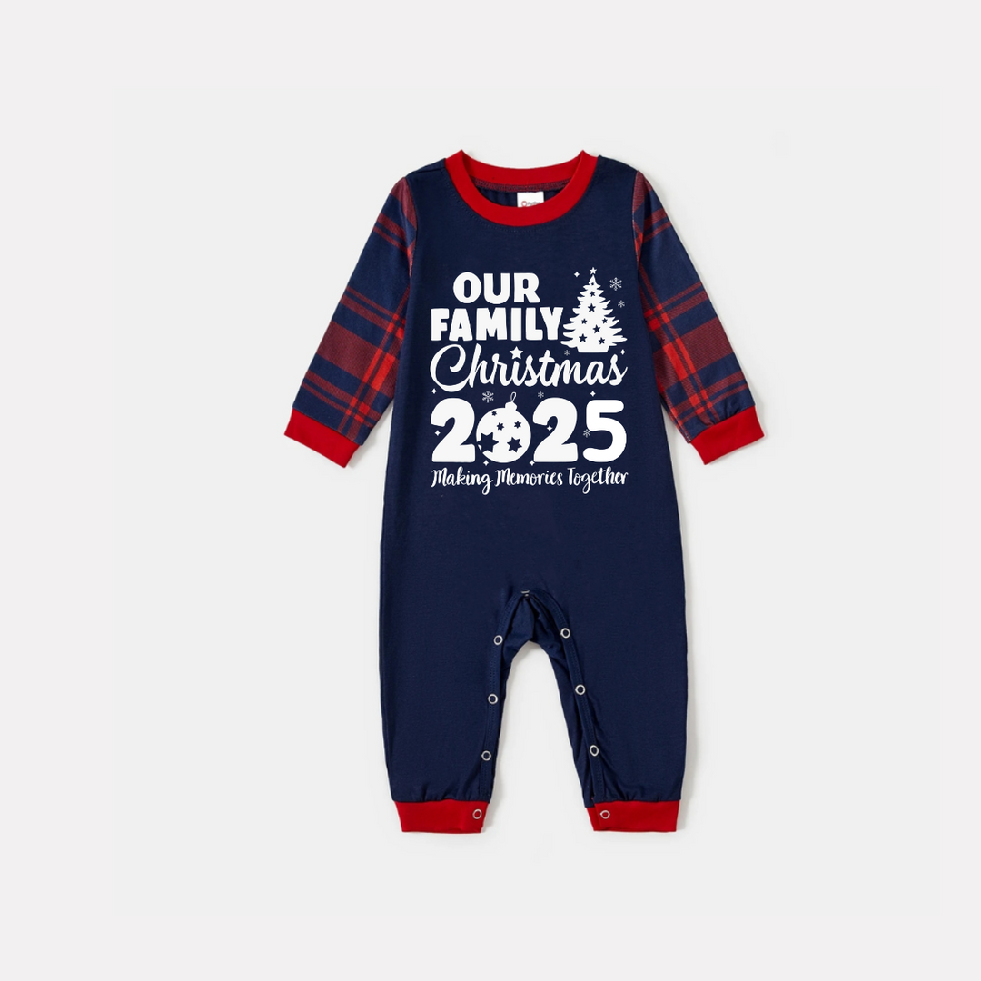 Mirla | Vår Familjejul 2025 Gemensamma Minnen' Bokstavtryck Blå Långärmad Topp med Röd och Blå Rutiga Byxor Jul Matchande Pyjamas-Eva Jonsson