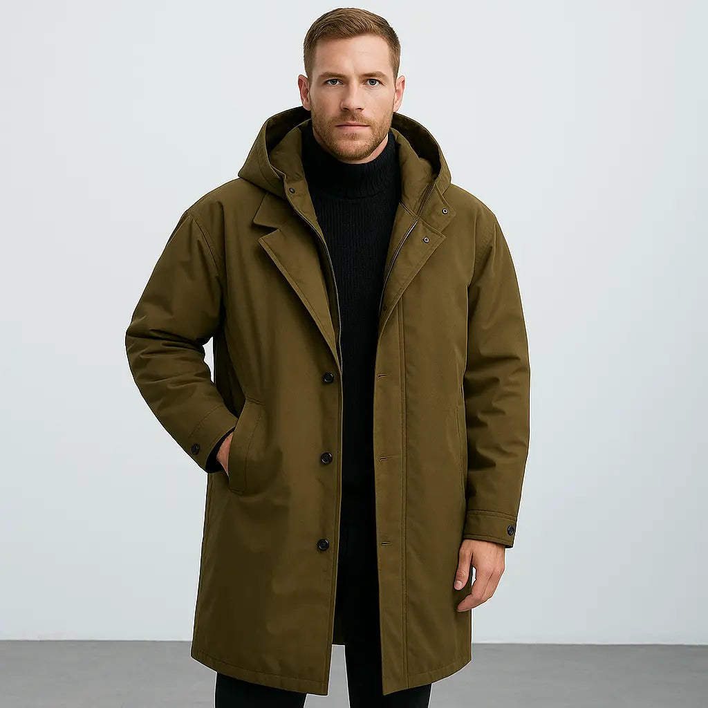 Mirla | Vattentät Puffer-Trenchcoat för Herrar med Huva-Eva Jonsson