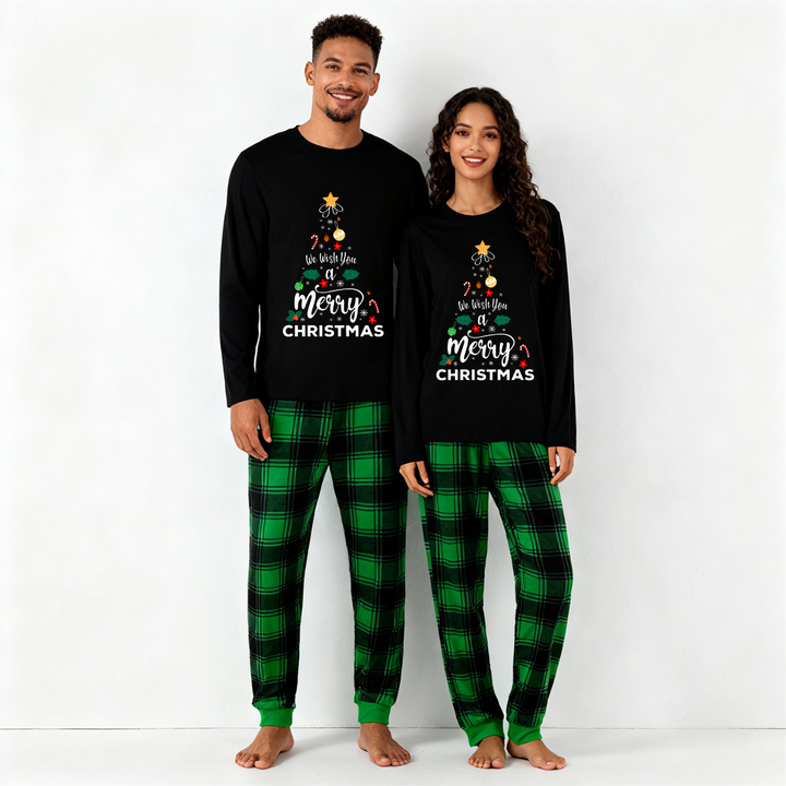 Mirla | Vi Önskar Dig En God Jul Printed Pattern Black Long-Sleeved Top With Black And Green Checkered Pants Family Matching Pajamas-Eva Jonsson