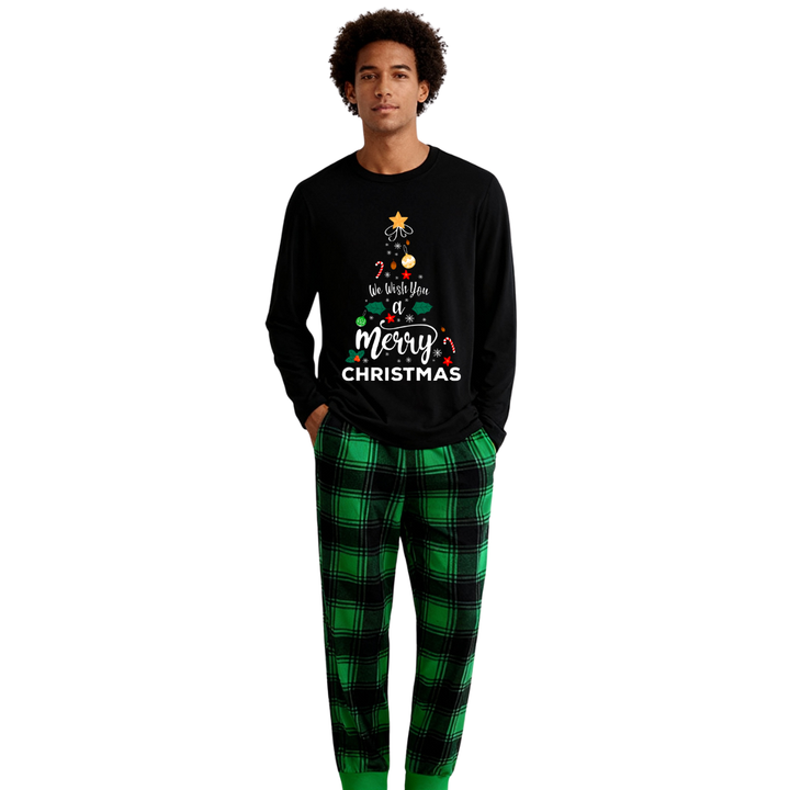 Mirla | Vi Önskar Dig En God Jul Printed Pattern Black Long-Sleeved Top With Black And Green Checkered Pants Family Matching Pajamas-Eva Jonsson