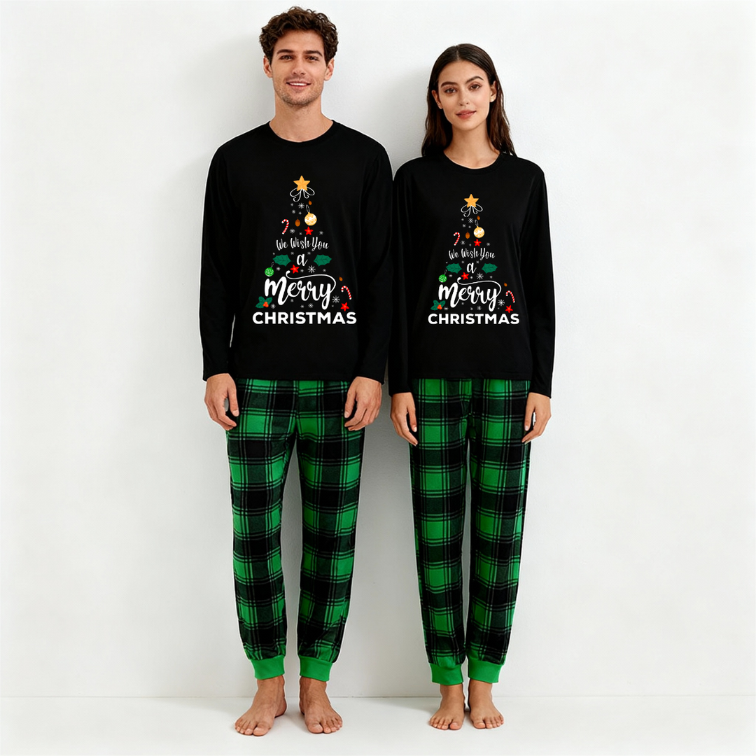 Mirla | Vi Önskar Dig En God Jul Printed Pattern Black Long-Sleeved Top With Black And Green Checkered Pants Family Matching Pajamas-Eva Jonsson