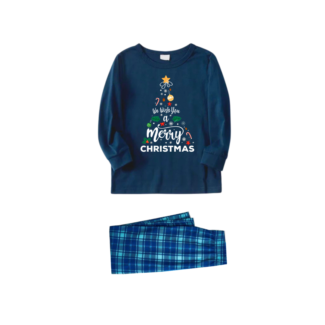 Mirla | Vi Önskar Dig En God Jul Tryckt Blå Långärmad Topp med Blå Rutmönster Familjepyjamas I Matchande Stil-Eva Jonsson