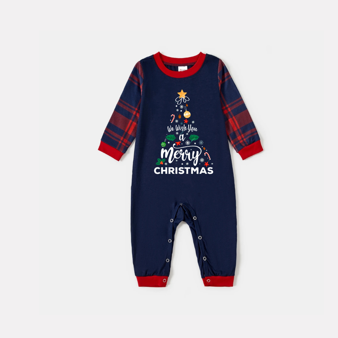Mirla | Vi Önskar Dig En God Jul Tryckt Blå Långärmad Tröja med Blå och Röd Rutig Mönster Familj Matchande Pyjamas-Eva Jonsson