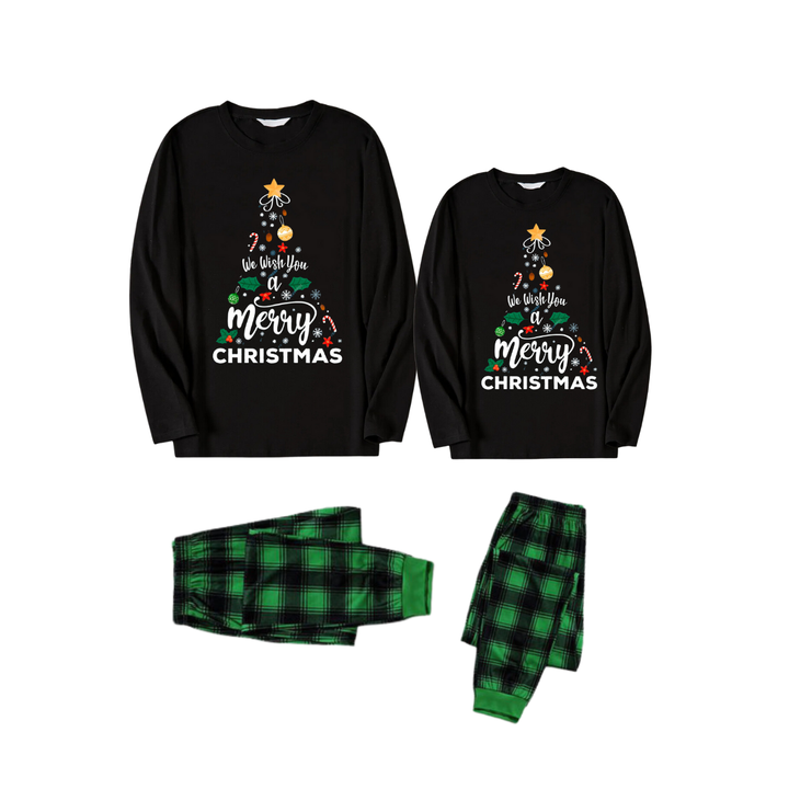 Mirla | Vi Önskar Dig En God Jul Tryckt Mönster Svart Långärmad Topp med Svarta och Grönrutiga Byxor Par Matchande Pyjamas-Eva Jonsson