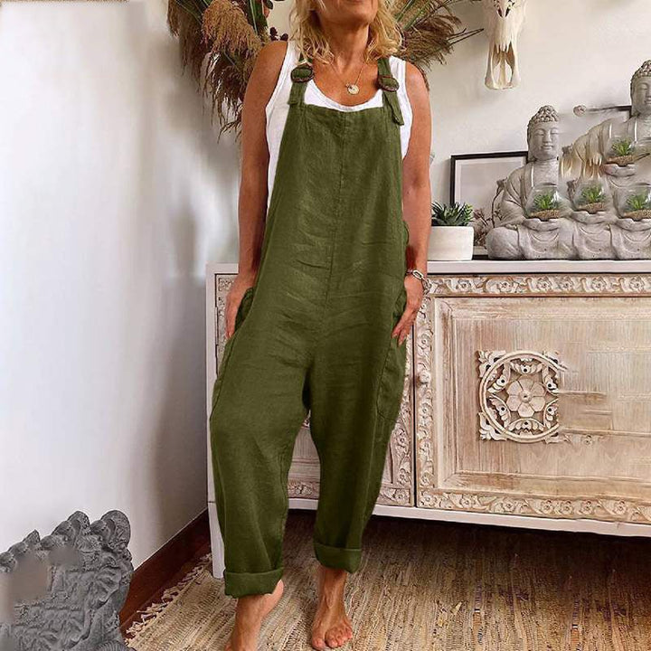 Mirla | Vidbenad jumpsuit dam Justerbar spänne Bomull och linne Fickor Overall-Eva Jonsson