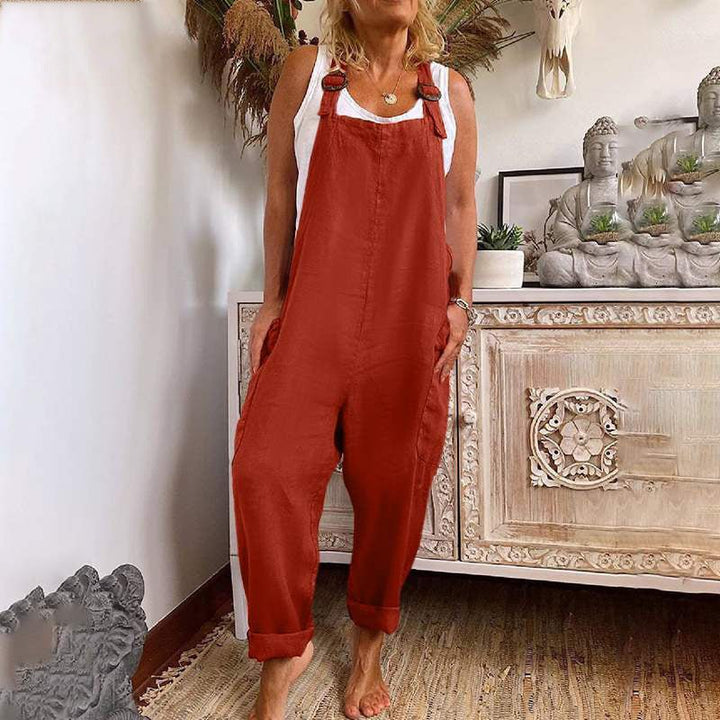 Mirla | Vidbenad jumpsuit dam Justerbar spänne Bomull och linne Fickor Overall-Eva Jonsson