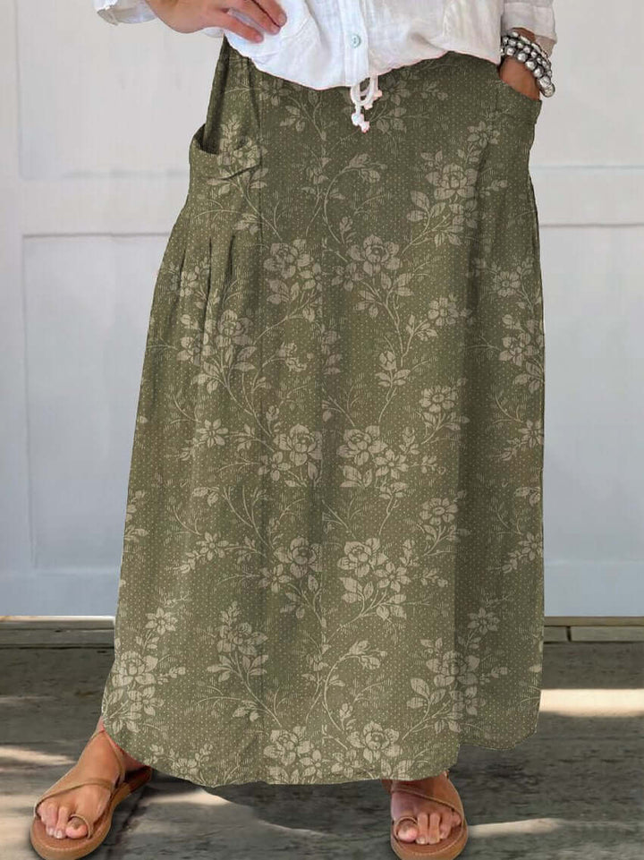 Mirla | Vintage Blommor Linne Elastisk Midjeband Kjol med Fickor-Eva Jonsson