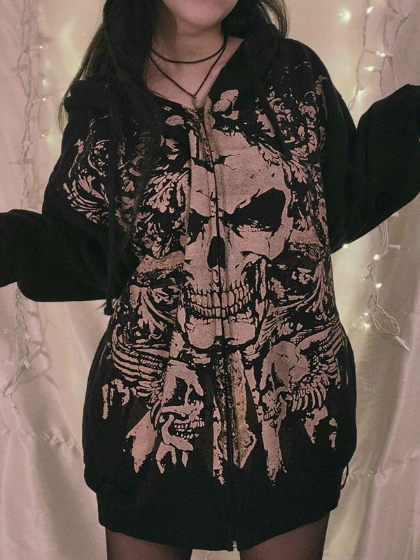 Mirla | Vintage Skalletryck Oversized Hoodie med Dragkedja-Eva Jonsson