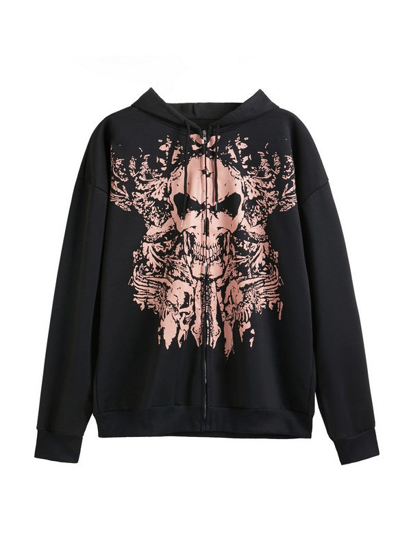 Mirla | Vintage Skalletryck Oversized Hoodie med Dragkedja-Eva Jonsson