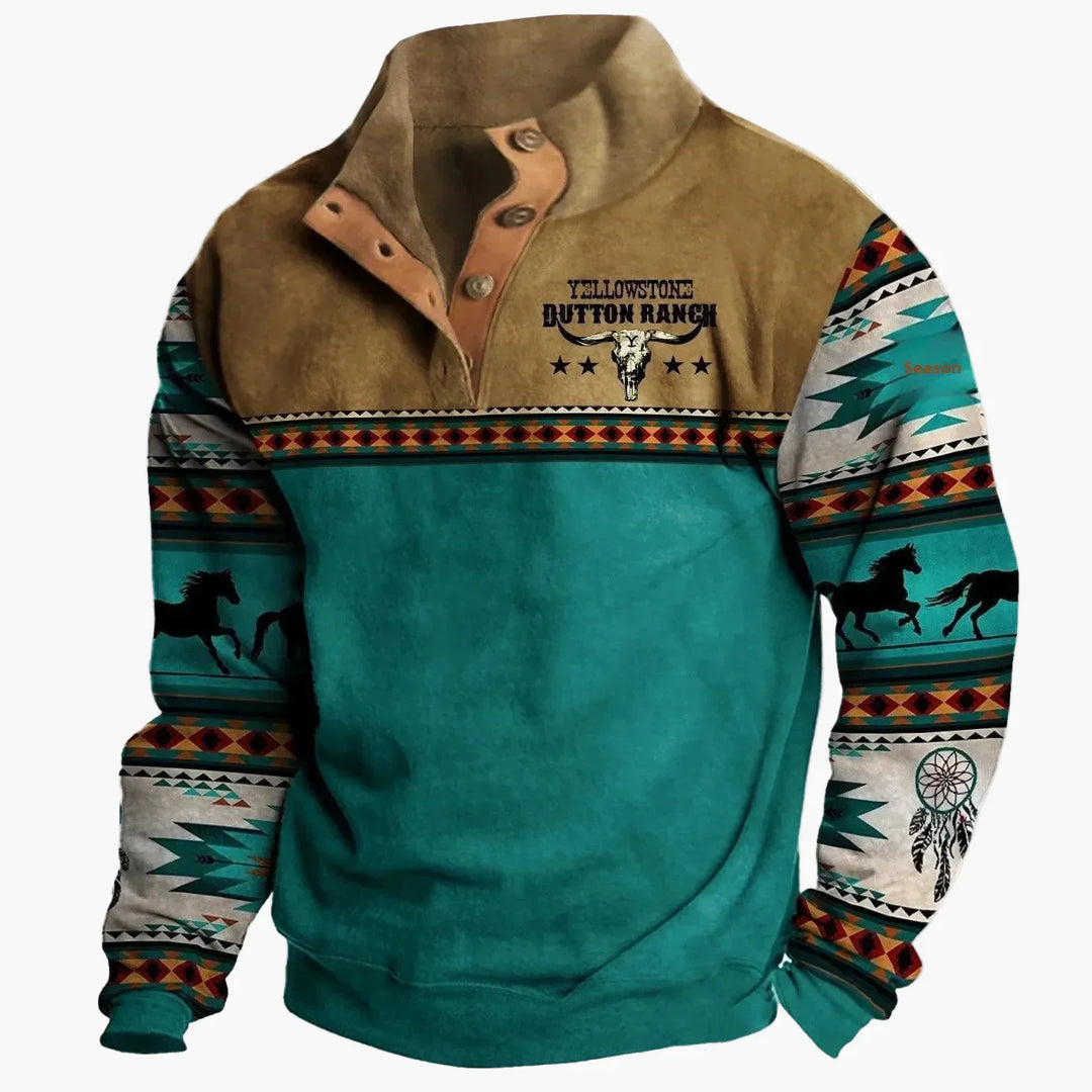 Mirla | Vintage Western Sweatshirt med Etno-Mönster och Ståkrage - Fritidströja-Eva Jonsson