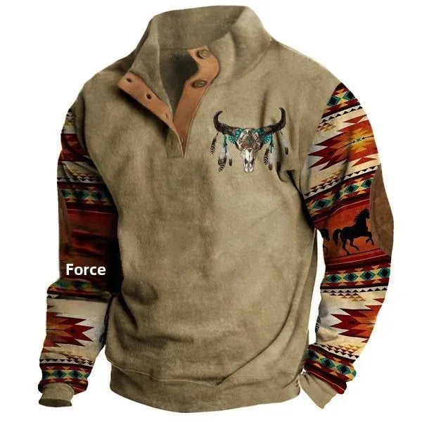 Mirla | Vintage Western Sweatshirt med Etno-Mönster och Ståkrage - Fritidströja-Eva Jonsson