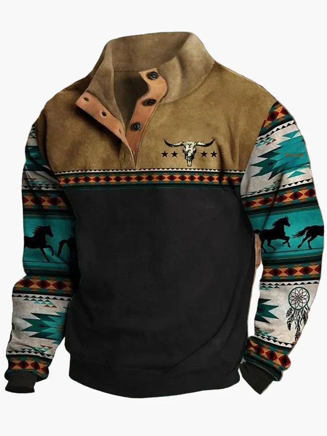 Mirla | Vintage Western Sweatshirt med Etno-Mönster och Ståkrage - Fritidströja-Eva Jonsson