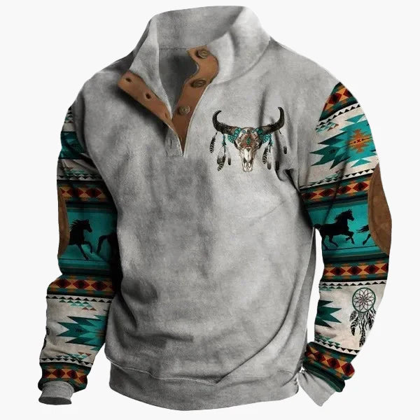 Mirla | Vintage Western Sweatshirt med Etno-Mönster och Ståkrage - Fritidströja-Eva Jonsson
