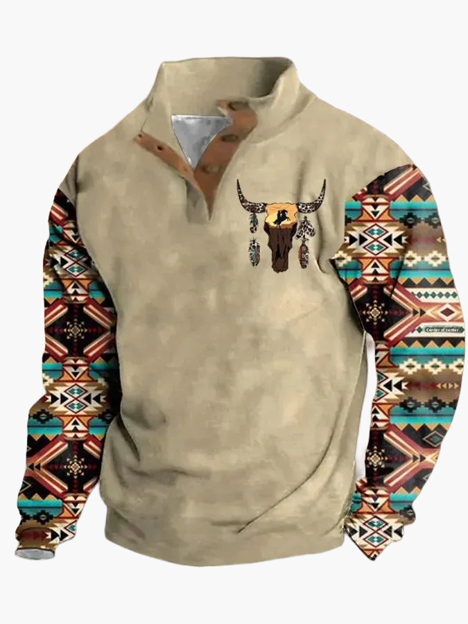 Mirla | Vintage Western Sweatshirt med Etno-Mönster och Ståkrage - Fritidströja-Eva Jonsson