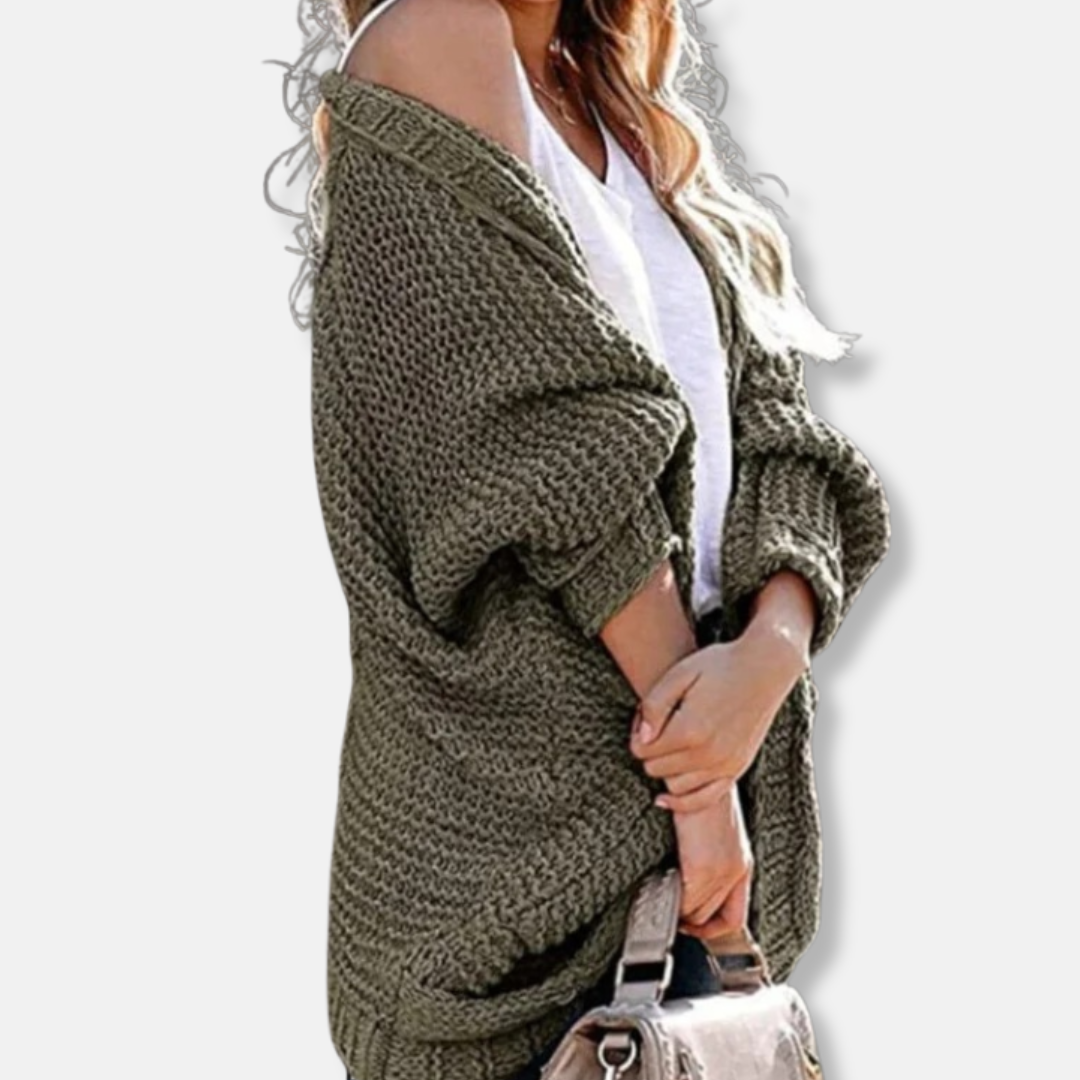 Mirla | Ylle Oversized Cardigan Ribbade Öppen Framsidefickor Cardigan-Eva Jonsson