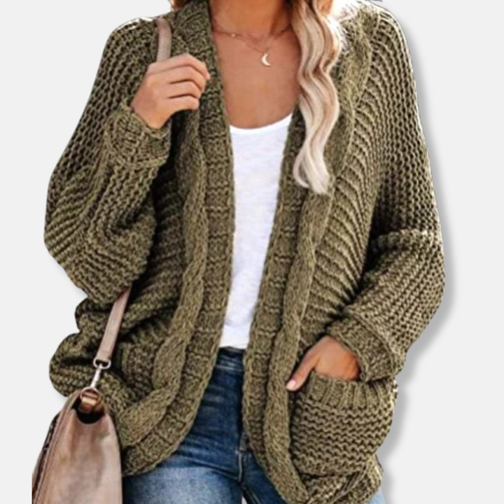 Mirla | Ylle Oversized Cardigan Ribbade Öppen Framsidefickor Cardigan-Eva Jonsson