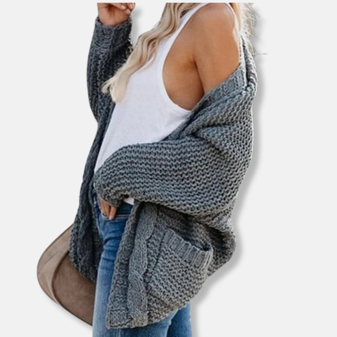 Mirla | Ylle Oversized Cardigan Ribbade Öppen Framsidefickor Cardigan-Eva Jonsson