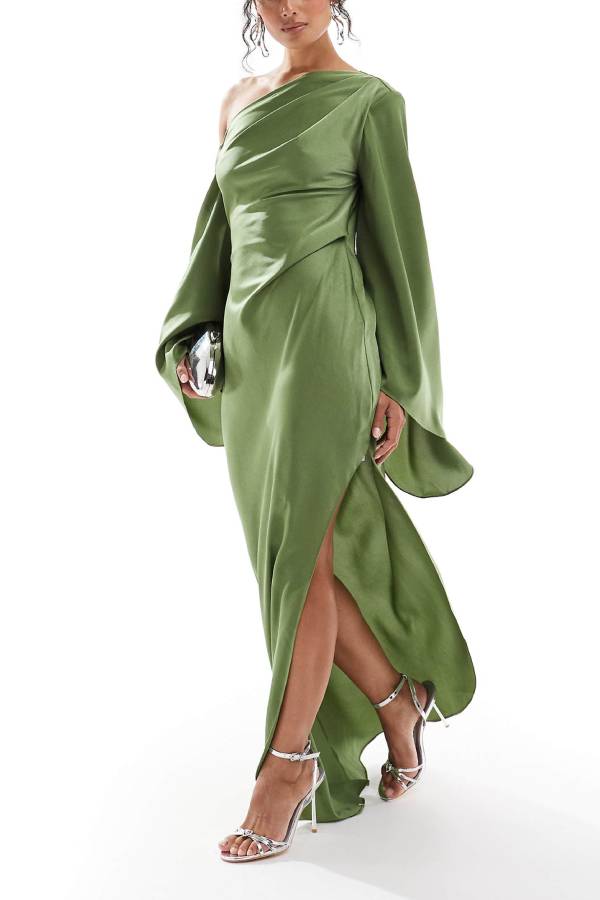 Mirla | Zayla Satin Asymmetrisk Enaxlad Klockärm Slits Maxi Klänning-Eva Jonsson
