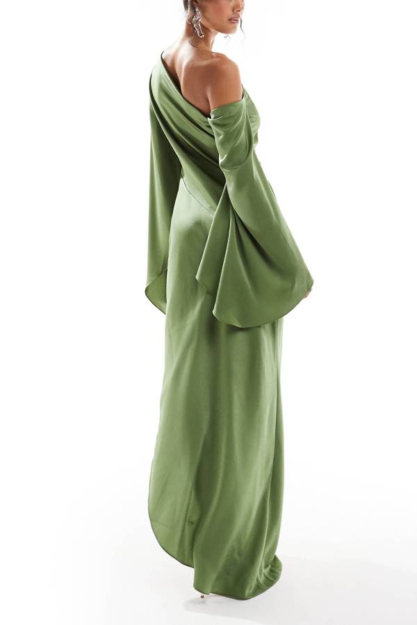 Mirla | Zayla Satin Asymmetrisk Enaxlad Klockärm Slits Maxi Klänning-Eva Jonsson