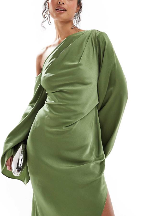 Mirla | Zayla Satin Asymmetrisk Enaxlad Klockärm Slits Maxi Klänning-Eva Jonsson