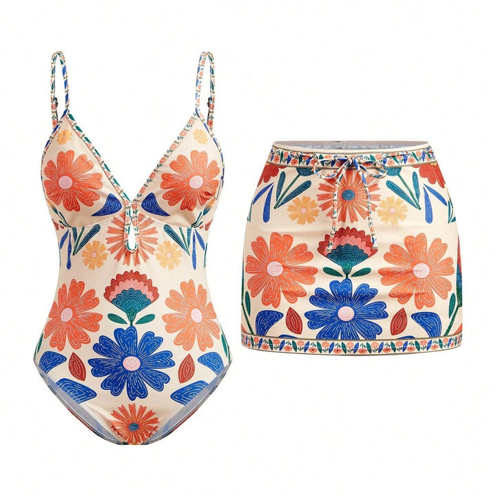 Damen Bunt bedruckter Einteiler mit Rock Echo Archiv
