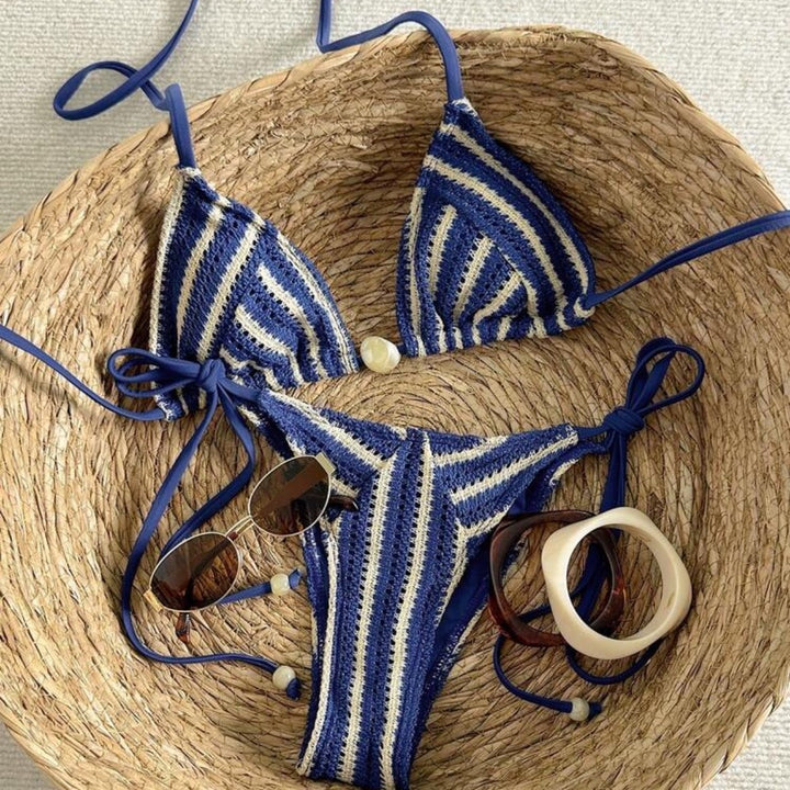 Damen Handgehäkelter Bikini mit maritimem Streifenmuster Echo Archiv