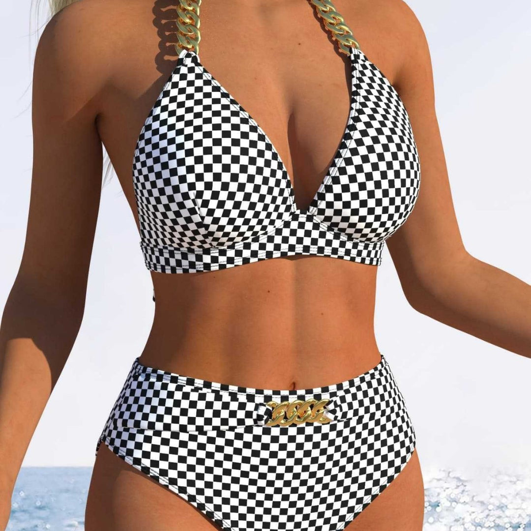Dame Bikini-set med stiligt rutig mönster och guldfärgade accenter Mirla-Eva Jonsson