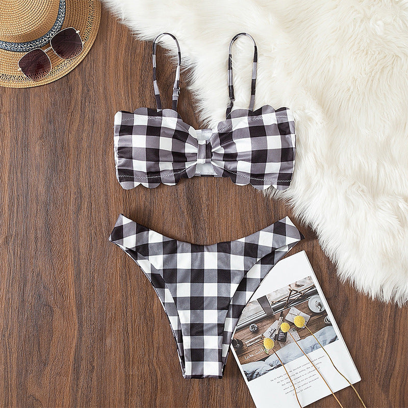 Damen Bandeau-Bikini mit Rüschen und Karomuster Echo Archiv