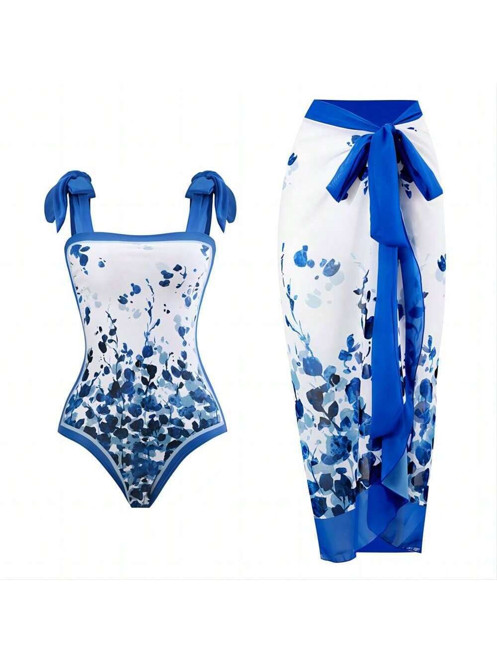 Damen Eleganter Badesuit mit floralen Akzenten und modischem Wickelrock Echo Archiv