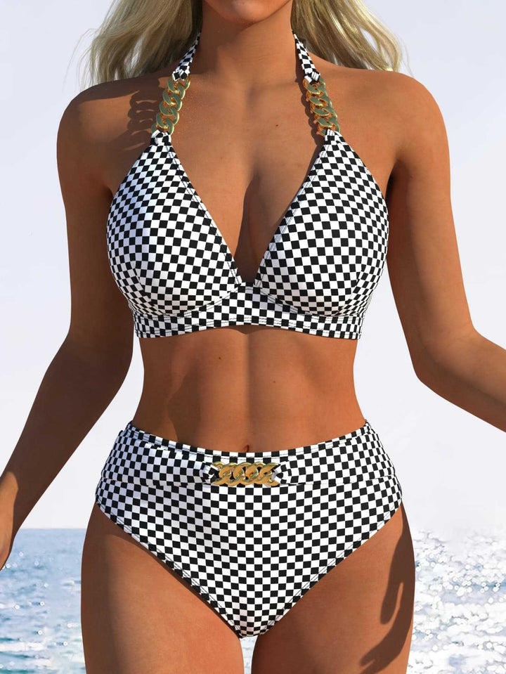 Dame Bikini-set med stiligt rutig mönster och guldfärgade accenter Mirla-Eva Jonsson