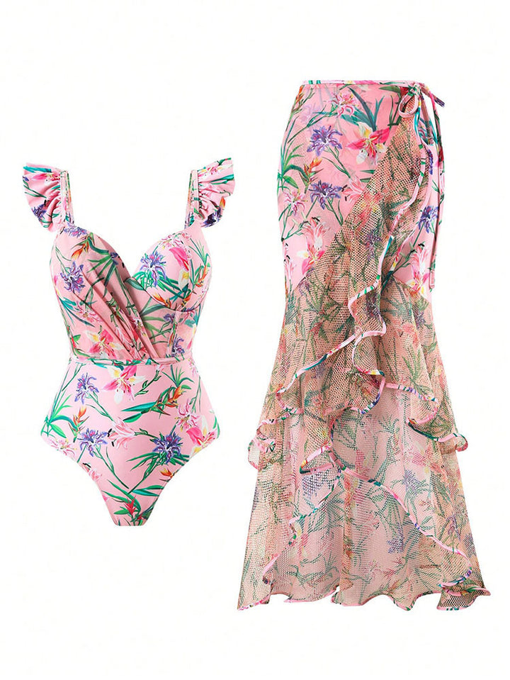 Damen Badeanzug mit floralem Wickelrock Echo Archiv
