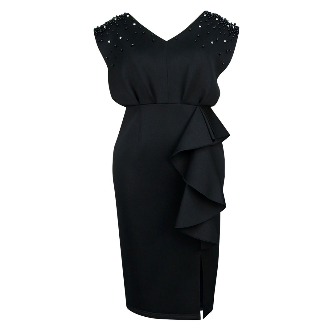 Damen elegant wrap dress with shimmering pearls and asymmetrical ruffle hem Mirla-Eva Jonsson