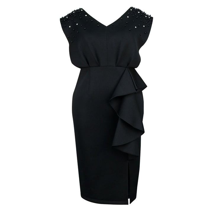 Damen elegant wrap dress with shimmering pearls and asymmetrical ruffle hem Mirla-Eva Jonsson