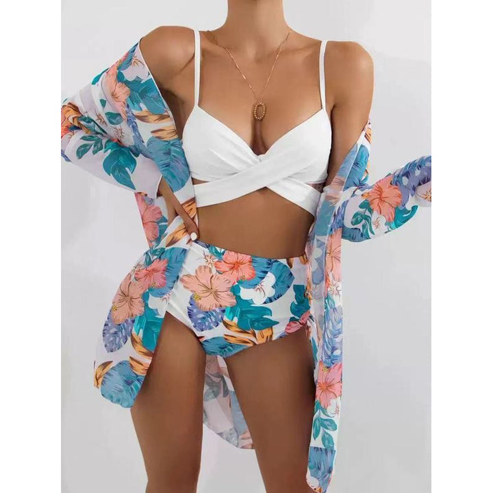 Damen Bikiniset mit floralem Kimono und hoch taillierter Hose Echo Archiv