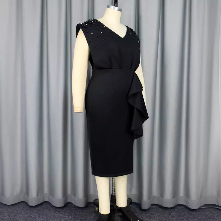 Damen elegant wrap dress with shimmering pearls and asymmetrical ruffle hem Mirla-Eva Jonsson