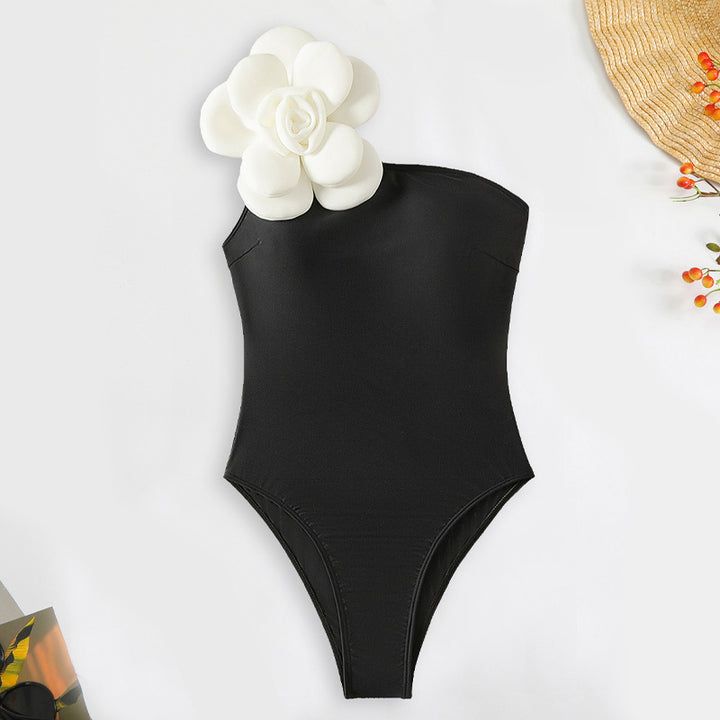 Damen Eleganter One-Shoulder-Badeanzug mit floralen Applikationen Echo Archiv
