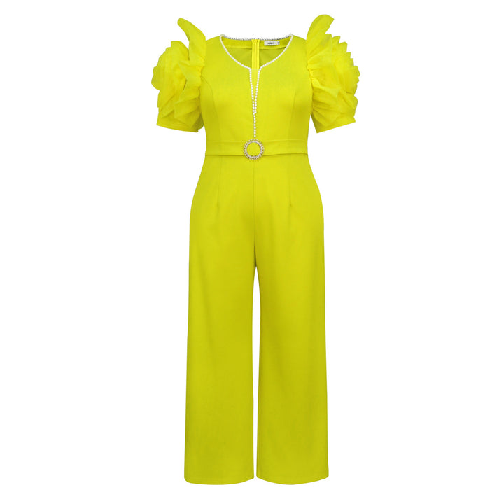 Damer elegant jumpsuit med voluminösa puffärmar och pärlaccent Mirla-Eva Jonsson