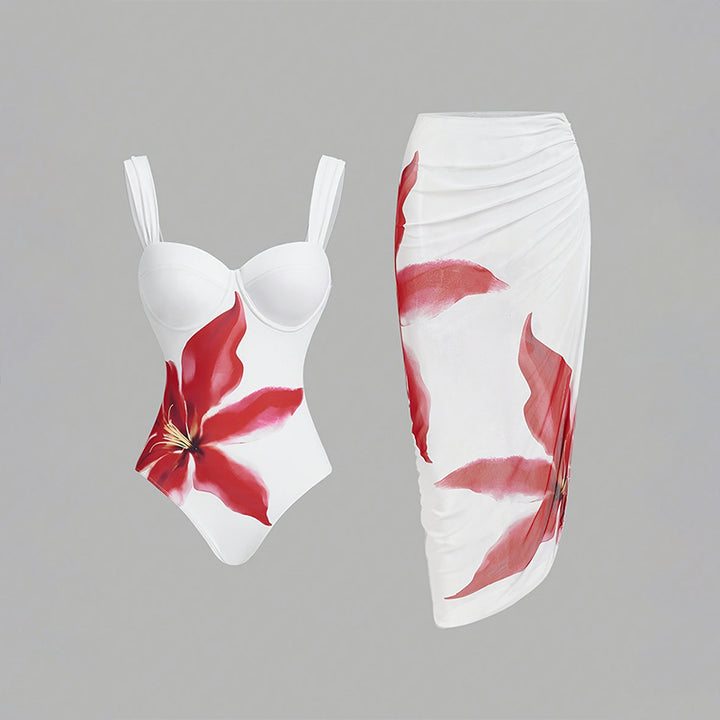 Damen Blumenmuster Badeanzug mit passendem Wickelrock Echo Archiv