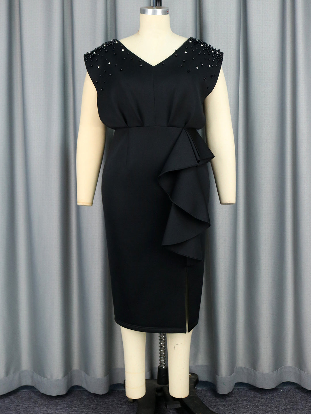 Damen elegant wrap dress with shimmering pearls and asymmetrical ruffle hem Mirla-Eva Jonsson