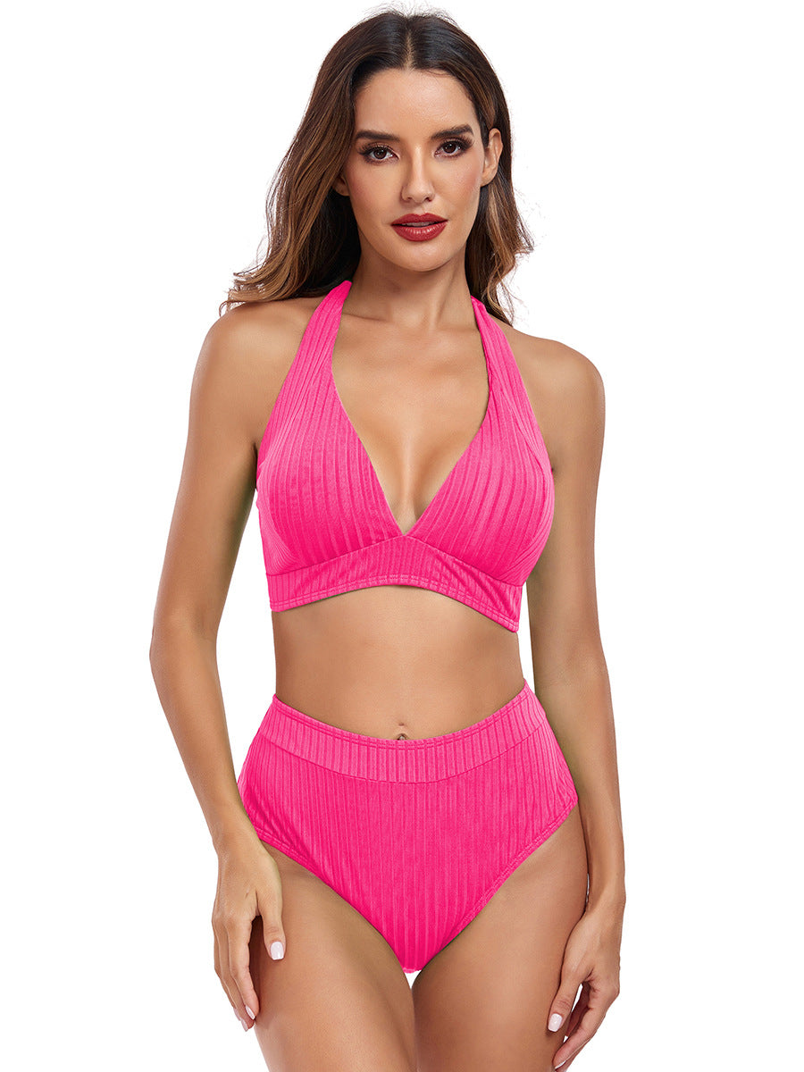 Damen Hochtaillierter Bikini mit V-Ausschnitt und Rippstruktur Echo Archiv