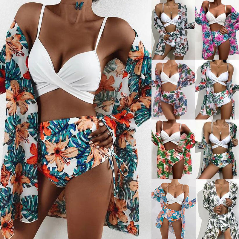 Damen Bikiniset mit floralem Kimono und hoch taillierter Hose Echo Archiv