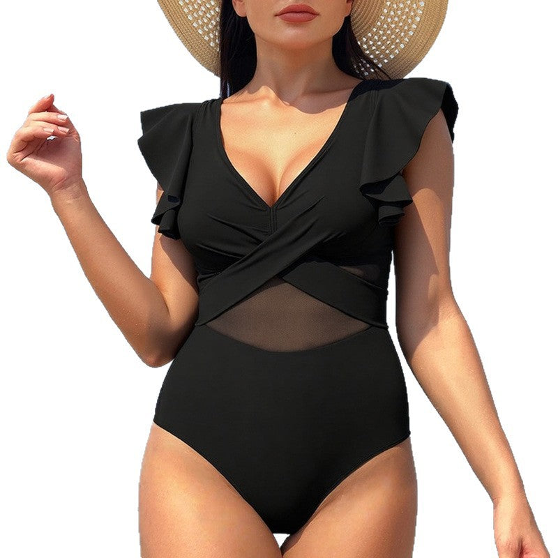 Damen Eleganter Einteiler Badeanzug mit asymmetrischem Rüschendesign Echo Archiv