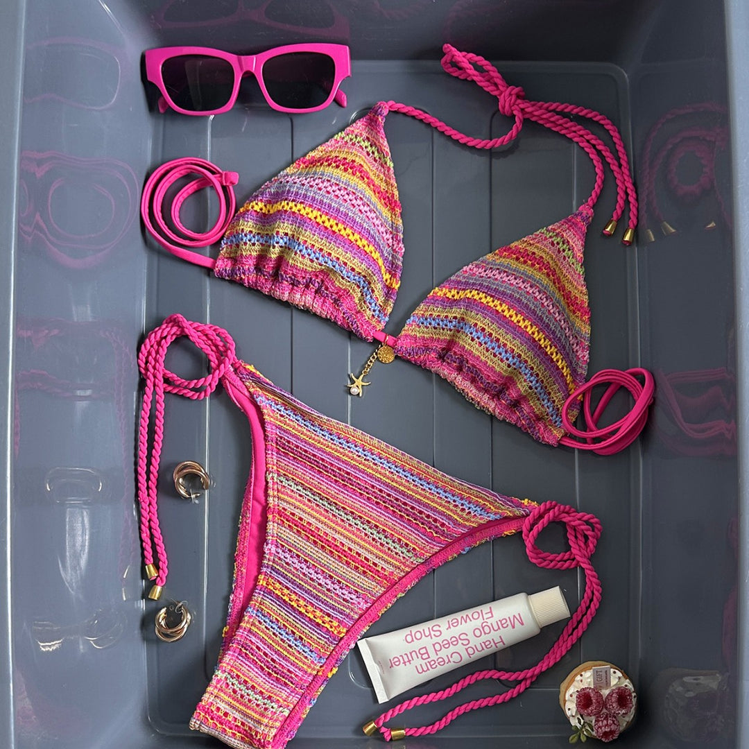 Damen Geflochtener Triangel-Bikini mit buntem Häkelmuster Echo Archiv