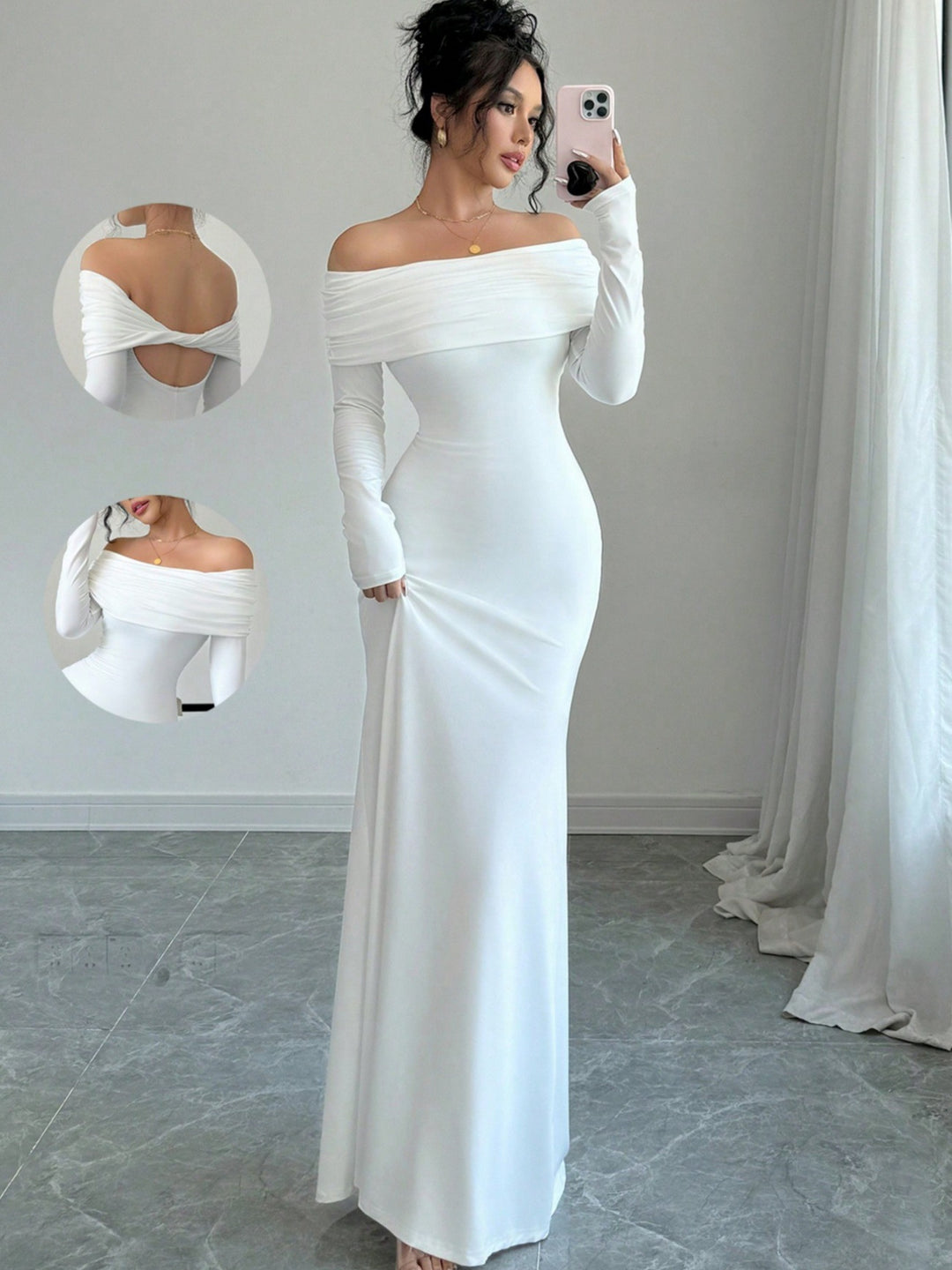 Kvinnor Elegant Långärmad Maxi Klänning med Asymmetrisk Draperingsdetalj Mirla