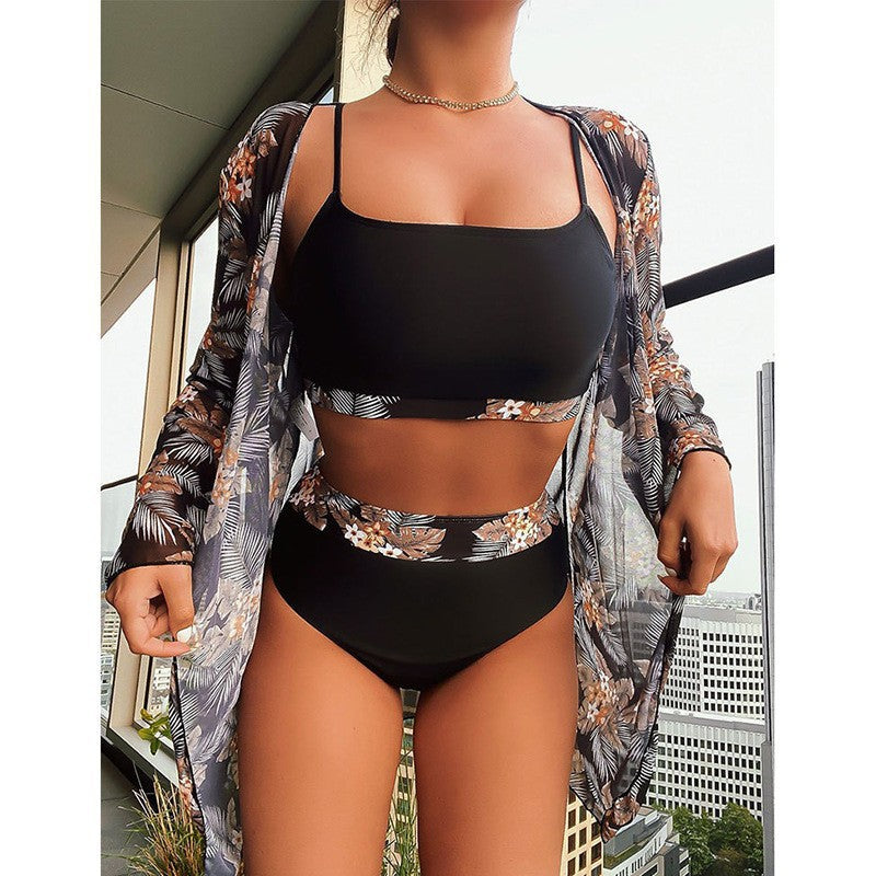 Damen Bikini-Set mit floralem Kimono und hochtailliertem Unterteil Echo Archiv