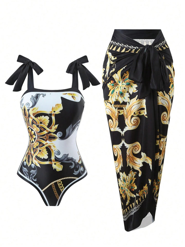 Damen Eleganter Badesuit mit floralen Akzenten und modischem Wickelrock Echo Archiv
