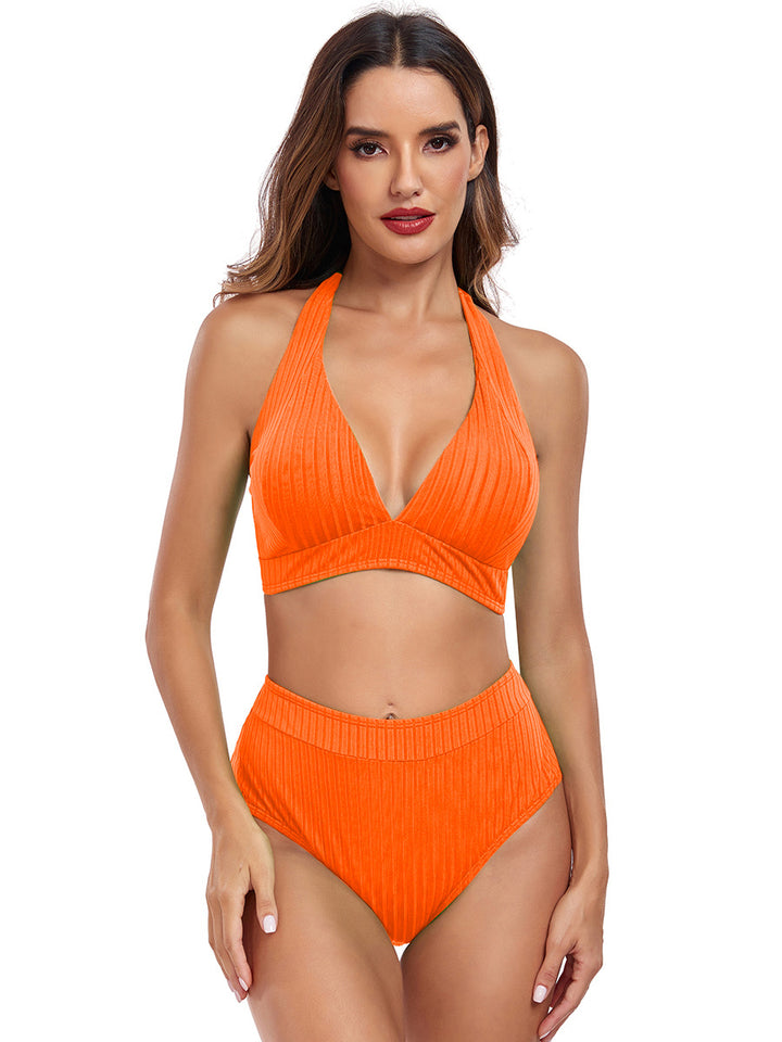 Damen Hochtaillierter Bikini mit V-Ausschnitt und Rippstruktur Echo Archiv