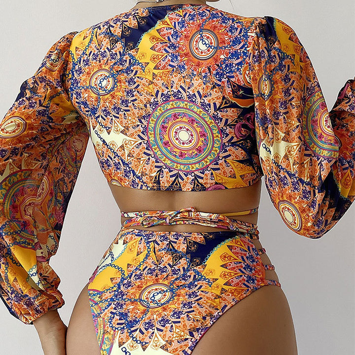 Damen Bunte Bikini mit Langarm-Oberteil und Schnürung Echo Archiv