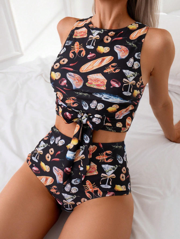Damen Hoch tailliertes Bikini-Set mit modischem Knoten-Detail Echo Archiv