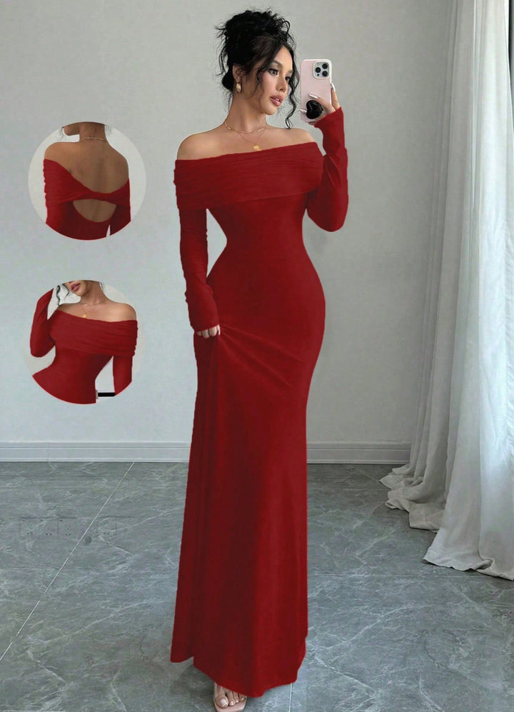 Kvinnor Elegant Långärmad Maxi Klänning med Asymmetrisk Draperingsdetalj Mirla
